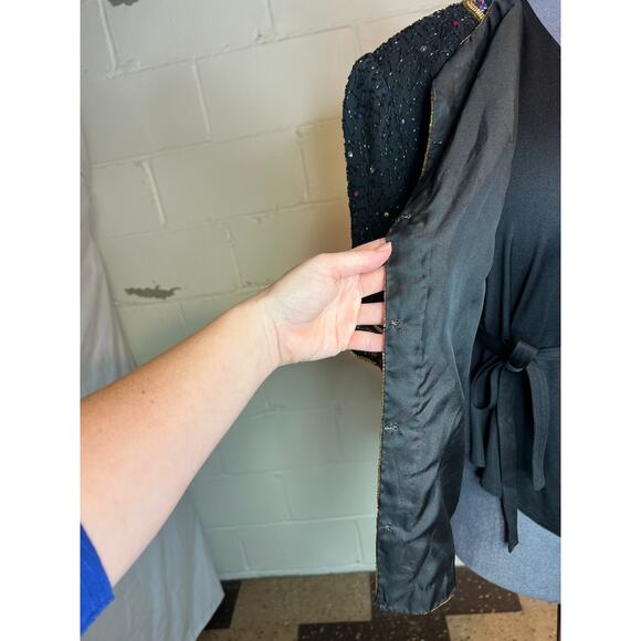 jacket beaded sequins short sleeve 100% silk black purple gold blue glam - Picture 9 of 13